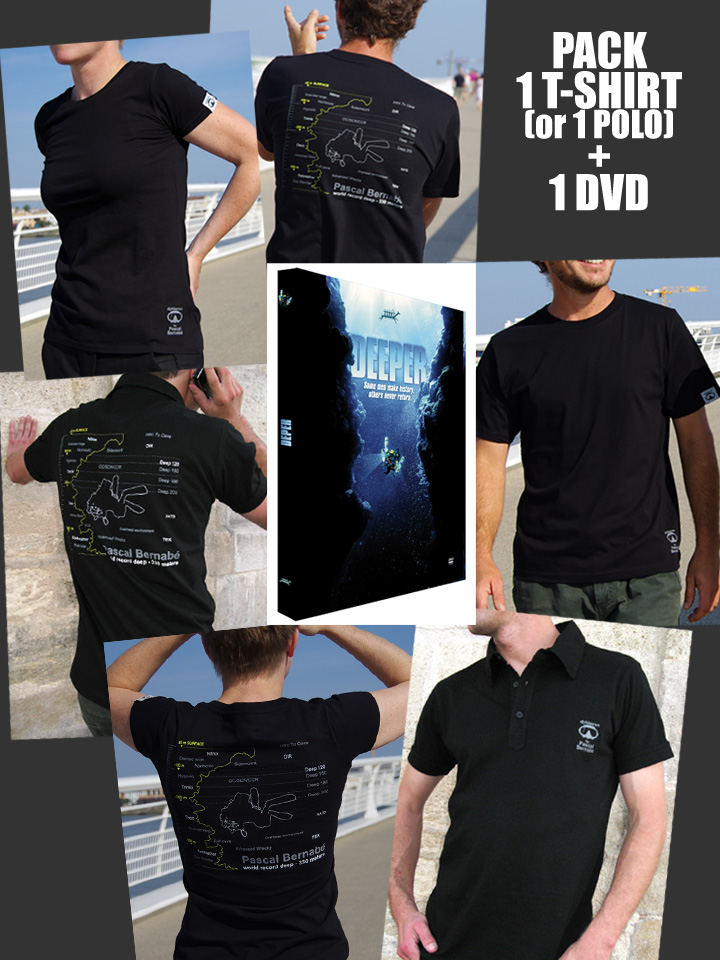 DVD documentary Deeper of Laurent Mini and tshirt created by Dykkeren The Eco-friendly Divewear Fairwear organic cotton Tek dive cave diving world record depth french instructor Pascal Bernabé